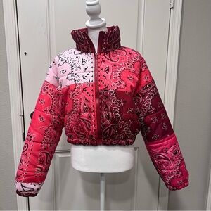 Pink bandana puffer coat cropped